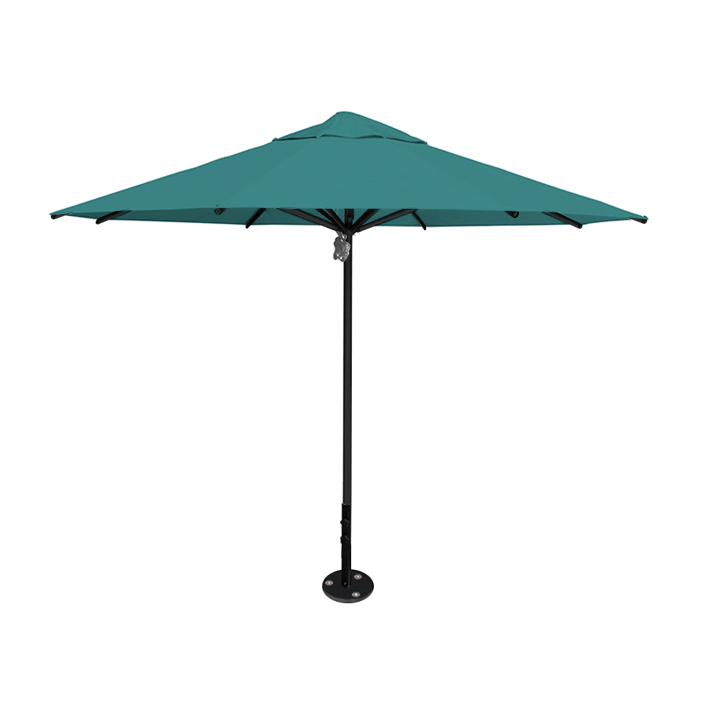 11' diameter Saville octagonal umbrella featuring a turquiose canopy and black aluminum frame and inground base by Extreme Canopy