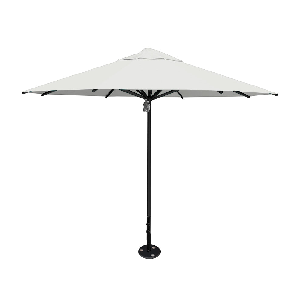 11' diameter Saville octagonal umbrella featuring a white canopy and black aluminum frame and inground base by Extreme Canopy