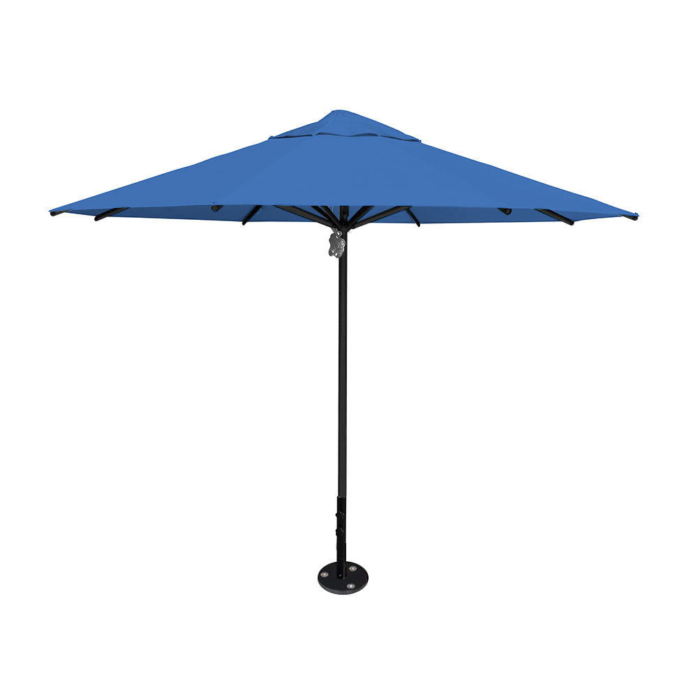 11' diameter Saville octagonal umbrella featuring a capri canopy and black aluminum frame and inground base by Extreme Canopy