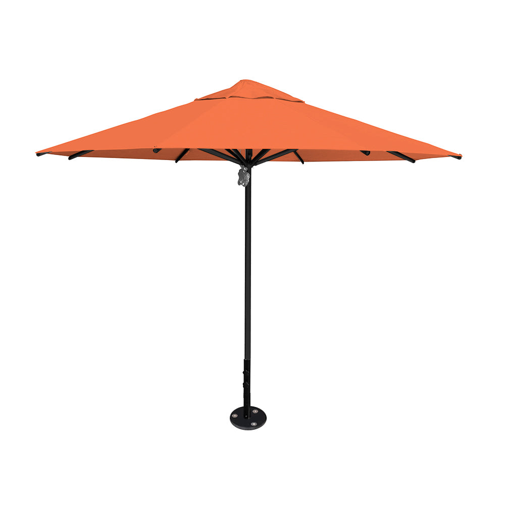 11' diameter Saville octagonal umbrella featuring a orange canopy and black aluminum frame and inground base by Extreme Canopy