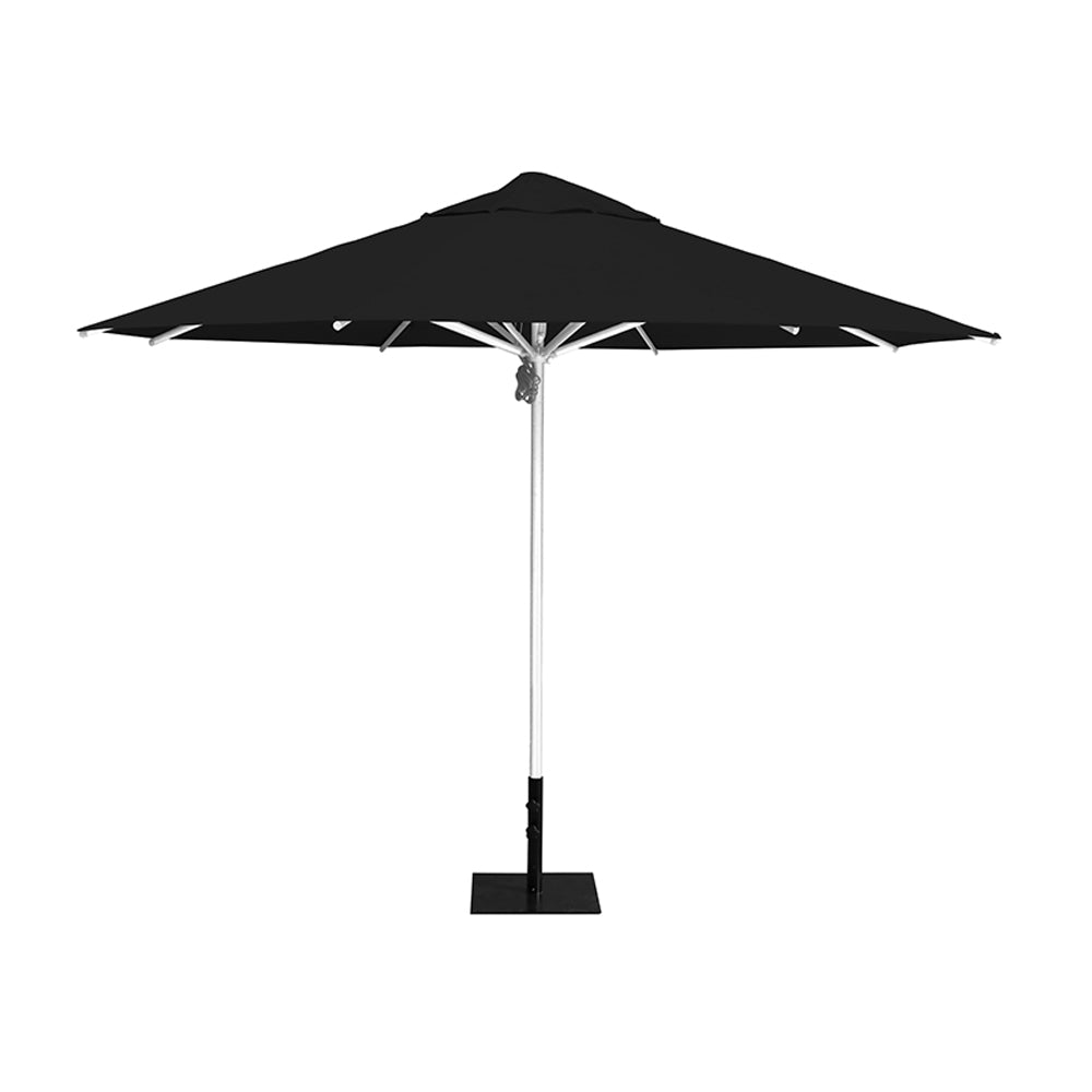 11' Saville octagonal umbrella by Extreme Canopy with black canopy, silver frame, and 26lb steel base