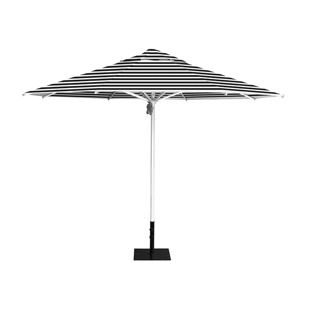 11' Saville octagonal umbrella by Extreme Canopy with black stripe canopy, silver frame, and 26lb steel base