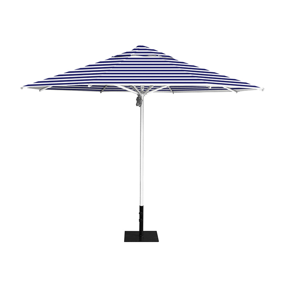 11' Saville octagonal umbrella by Extreme Canopy with blue stripe canopy, silver frame, and 26lb steel base