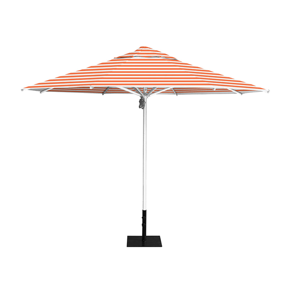 11' Saville octagonal umbrella by Extreme Canopy with orange stripe canopy, silver frame, and 26lb steel base