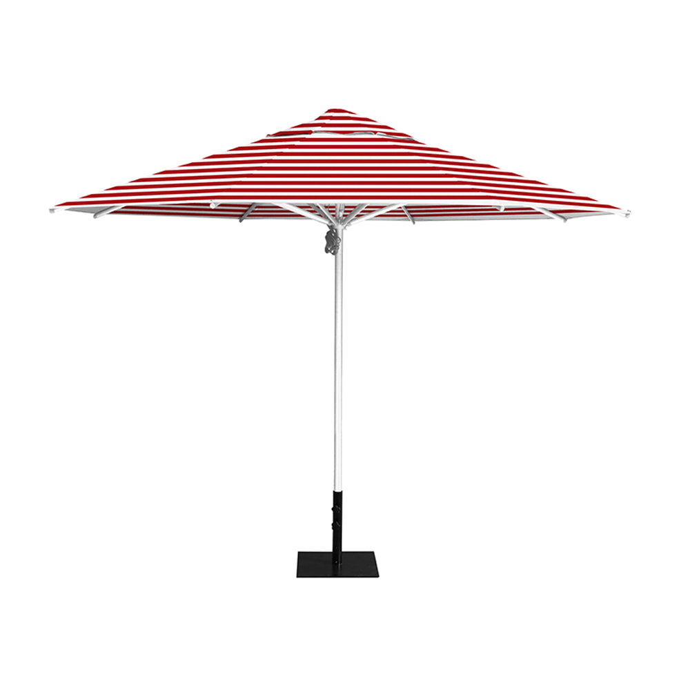 11' Saville octagonal umbrella by Extreme Canopy with red stripe canopy, silver frame, and 26lb steel base