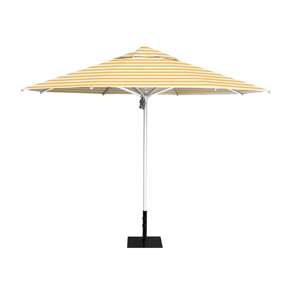 11' Saville octagonal umbrella by Extreme Canopy with sunflower stripe canopy, silver frame, and 26lb steel base