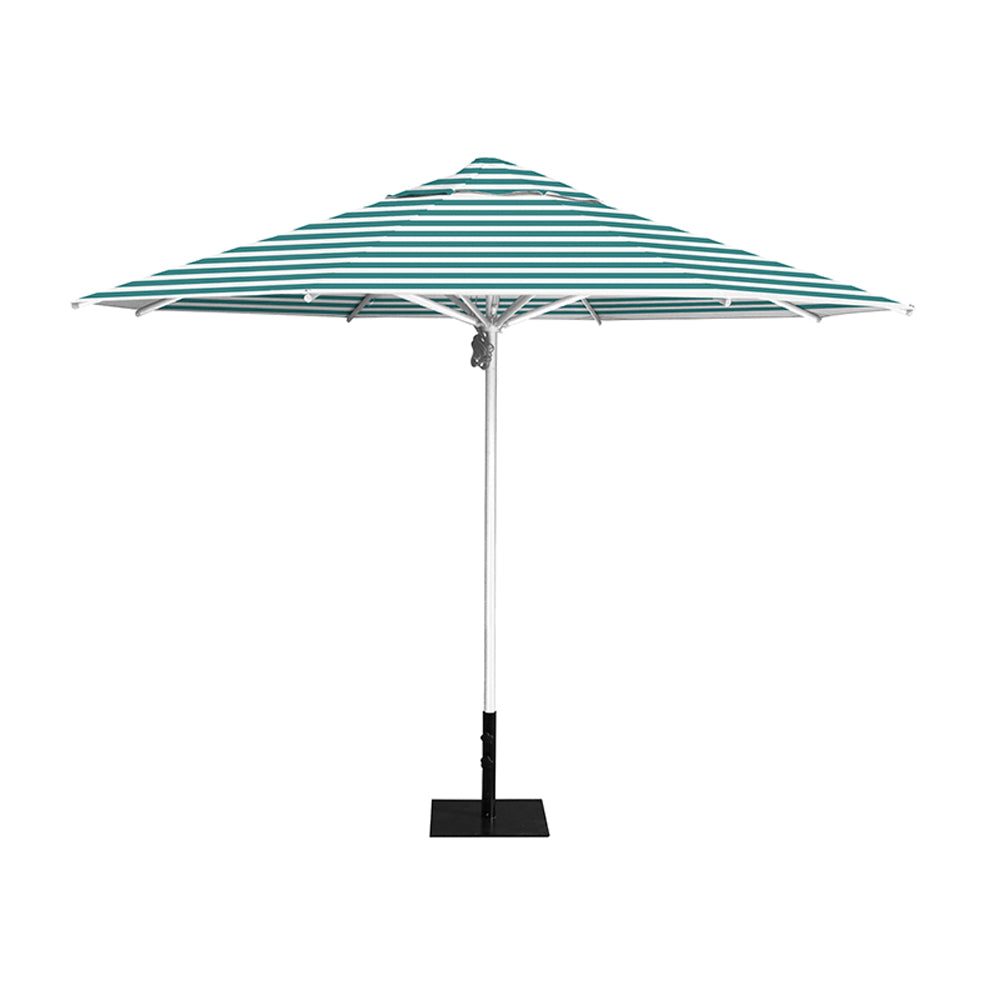 11' Saville octagonal umbrella by Extreme Canopy with turquiose stripe canopy, silver frame, and 26lb steel base