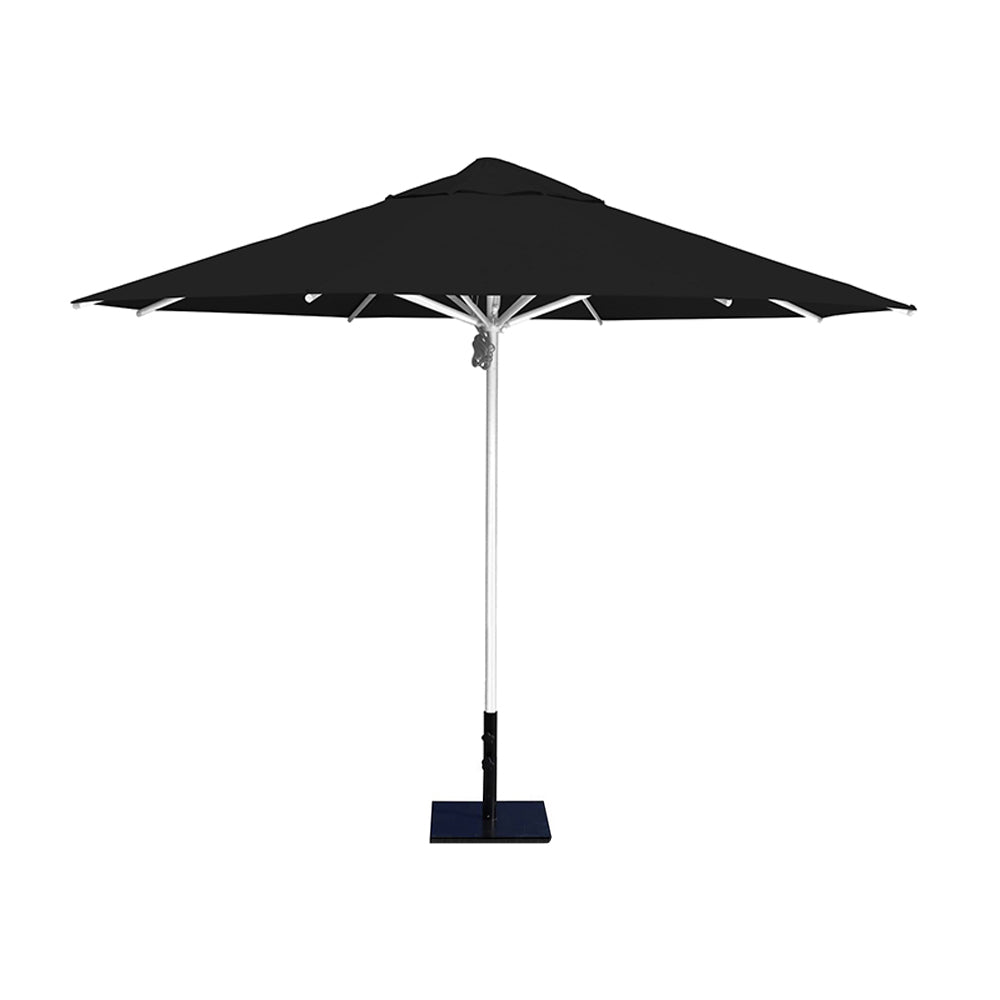11' Saville octagonal umbrella by Extreme Canopy with black canopy, silver frame, and 50lb steel base