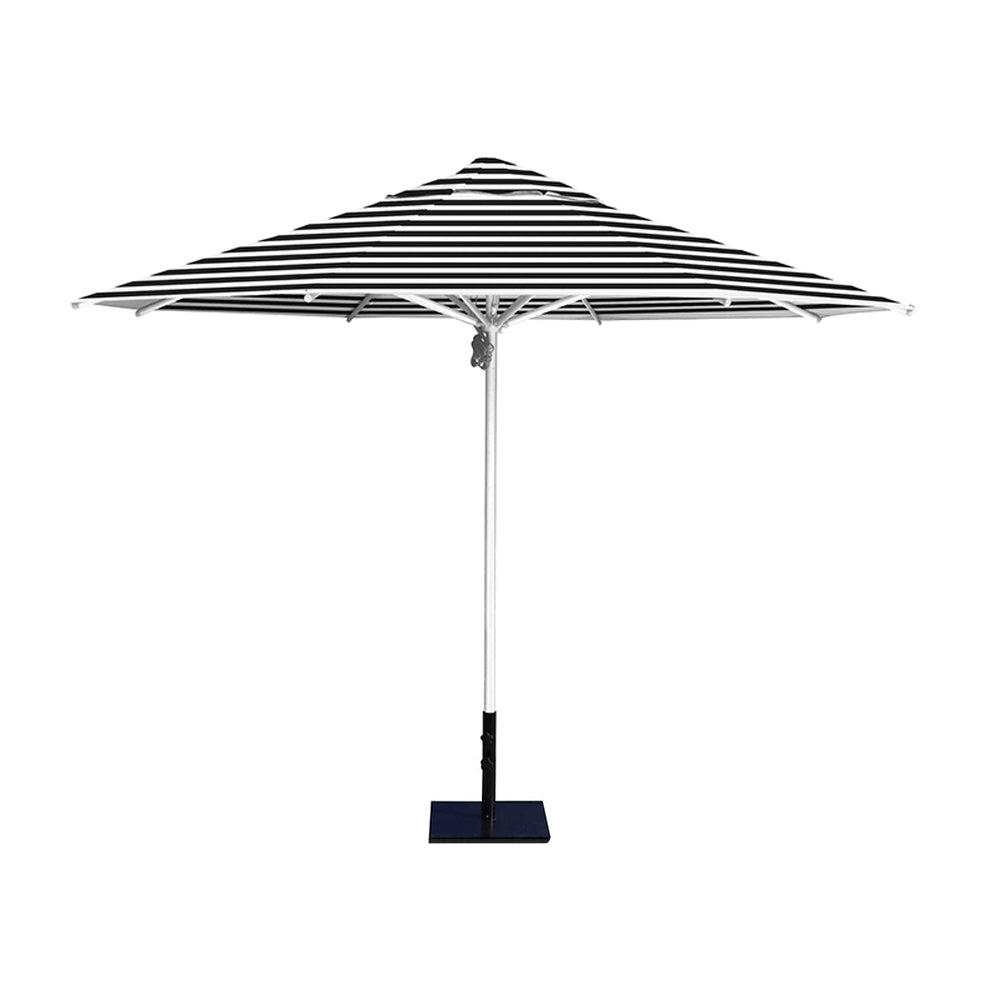 11' Saville octagonal umbrella by Extreme Canopy with black stripe canopy, silver frame, and 50lb steel base