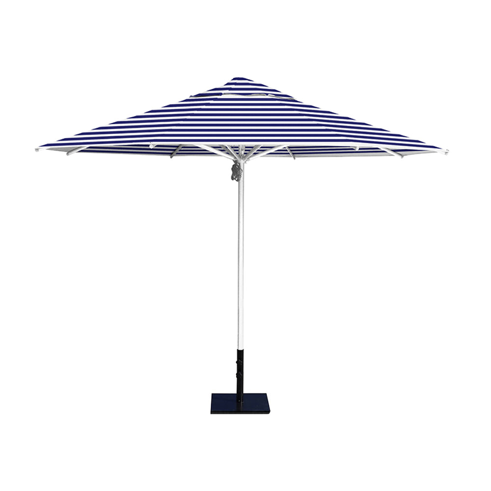 11' Saville octagonal umbrella by Extreme Canopy with blue stripe canopy, silver frame, and 50lb steel base