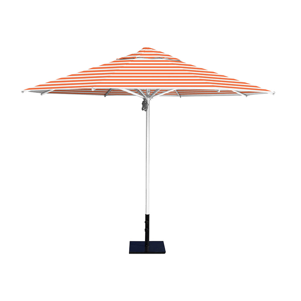 11' Saville octagonal umbrella by Extreme Canopy with orange stripe canopy, silver frame, and 50lb steel base