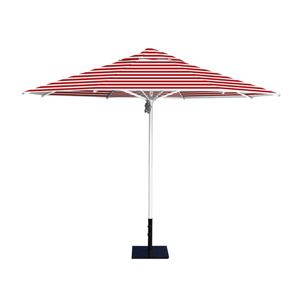 11' Saville octagonal umbrella by Extreme Canopy with red stripe canopy, silver frame, and 50lb steel base