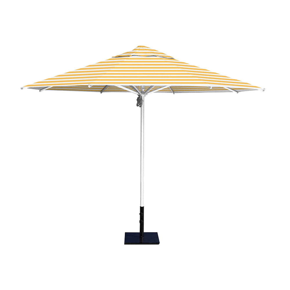 11' Saville octagonal umbrella by Extreme Canopy with sunflower stripe canopy, silver frame, and 50lb steel base