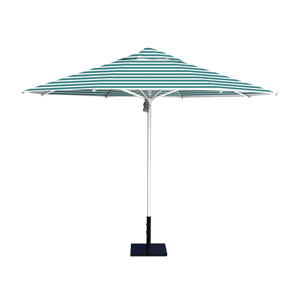 11' Saville octagonal umbrella by Extreme Canopy with turquiose stripe canopy, silver frame, and 50lb steel base