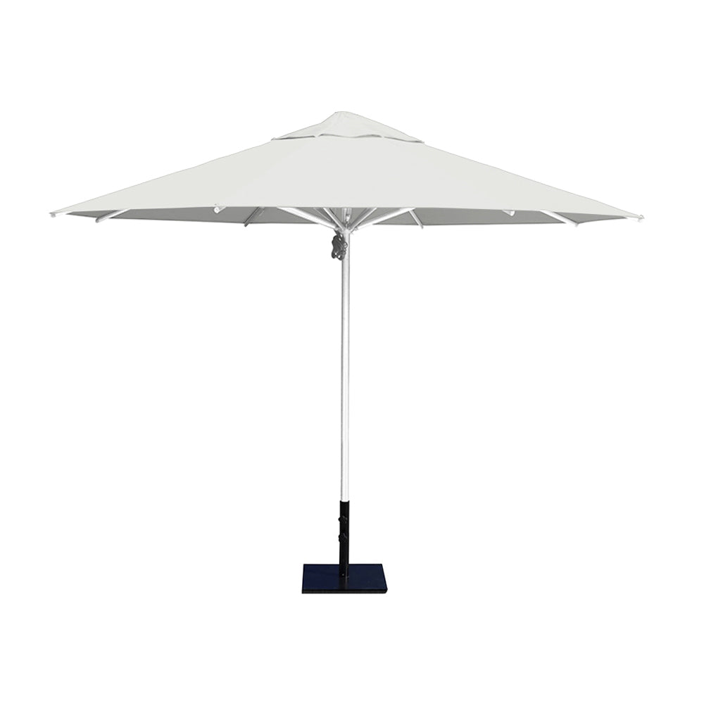 11' Saville octagonal umbrella by Extreme Canopy with white canopy, silver frame, and 50lb steel base
