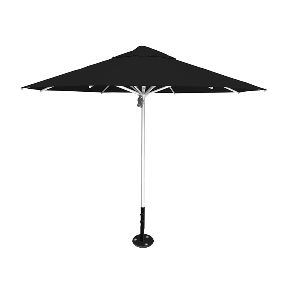 11' diameter Saville octagonal umbrella featuring a black canopy and silver aluminum frame and inground base by Extreme Canopy