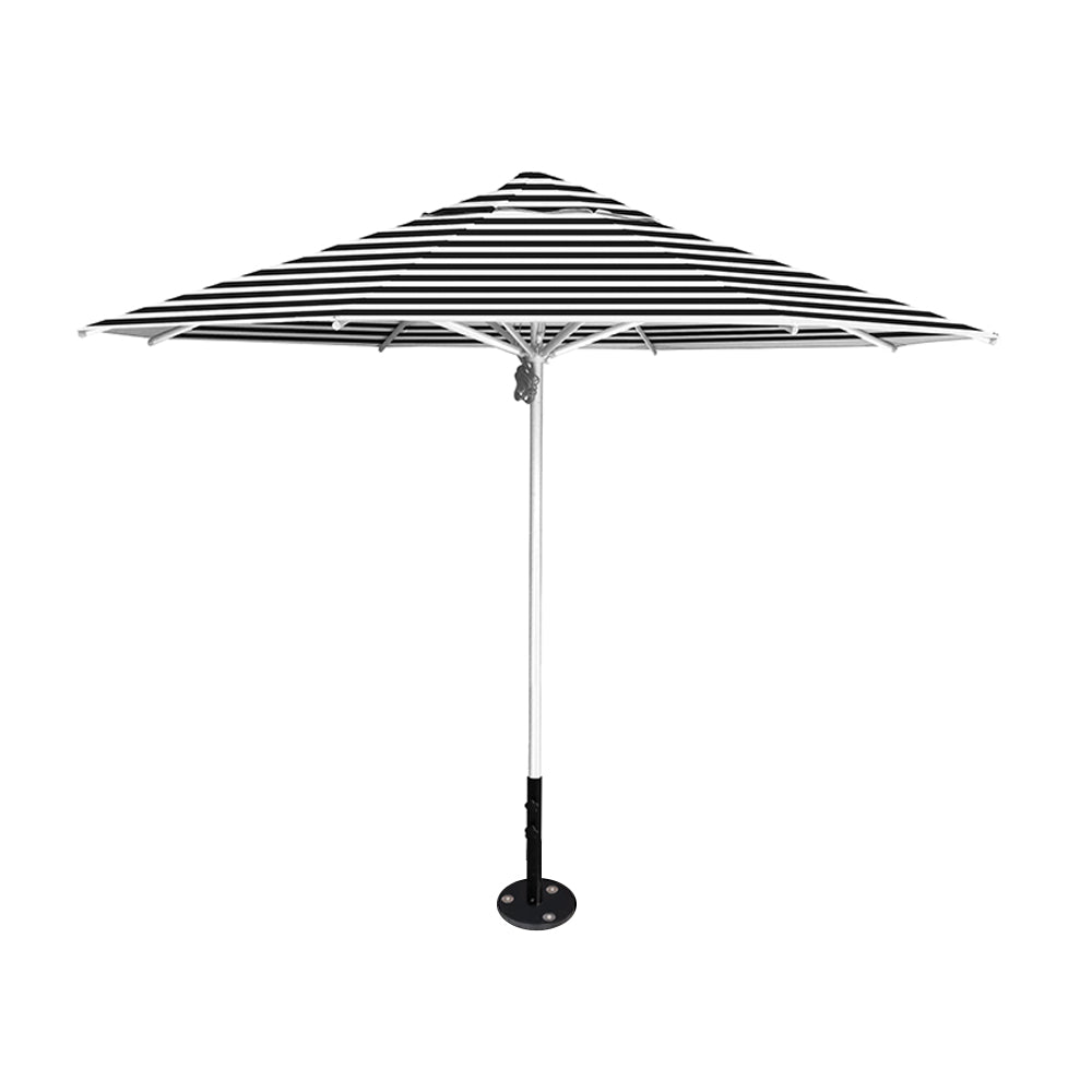 11' diameter Saville octagonal umbrella featuring a black stripe canopy and silver aluminum frame and inground base by Extreme Canopy
