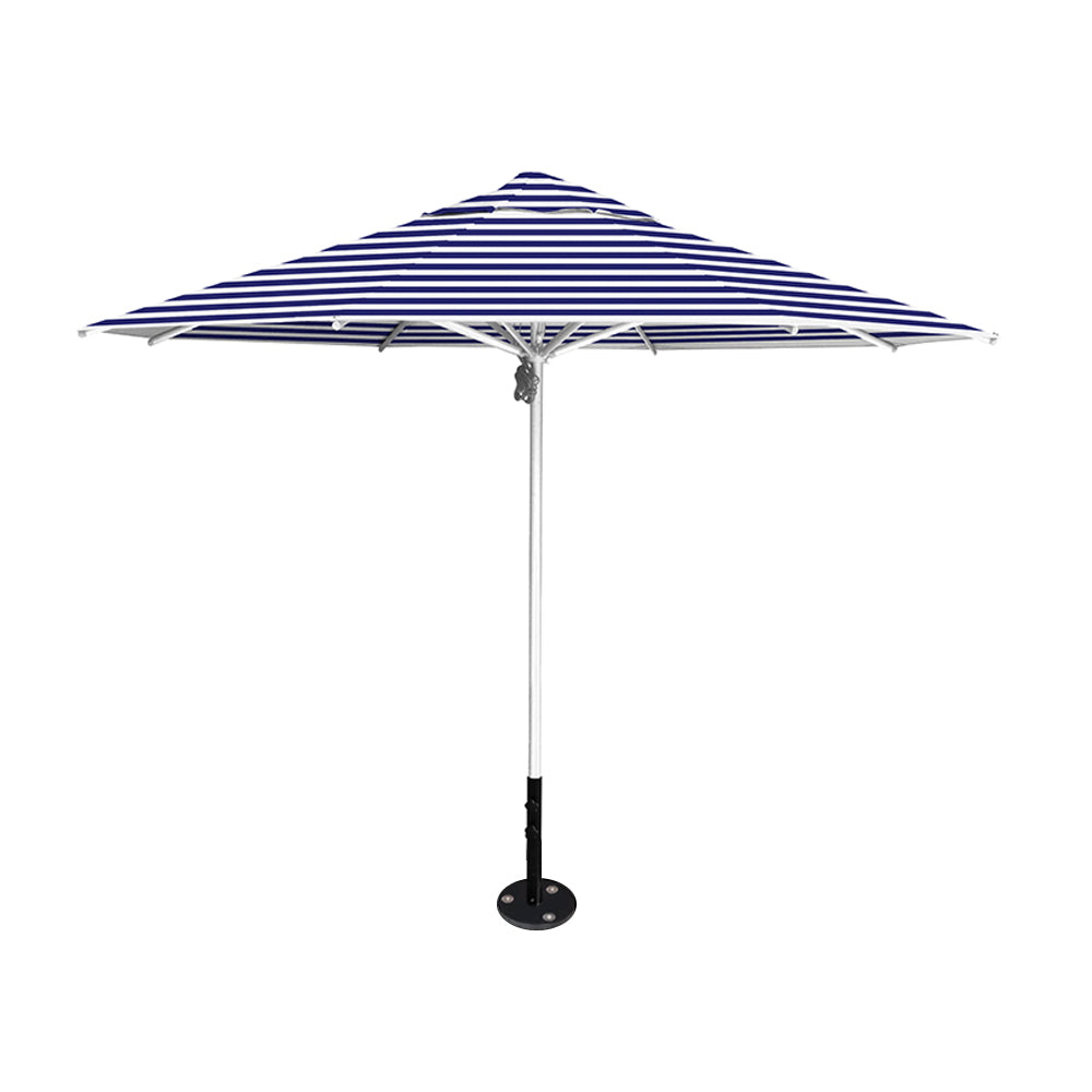 11' diameter Saville octagonal umbrella featuring a blue stripe canopy and silver aluminum frame and inground base by Extreme Canopy