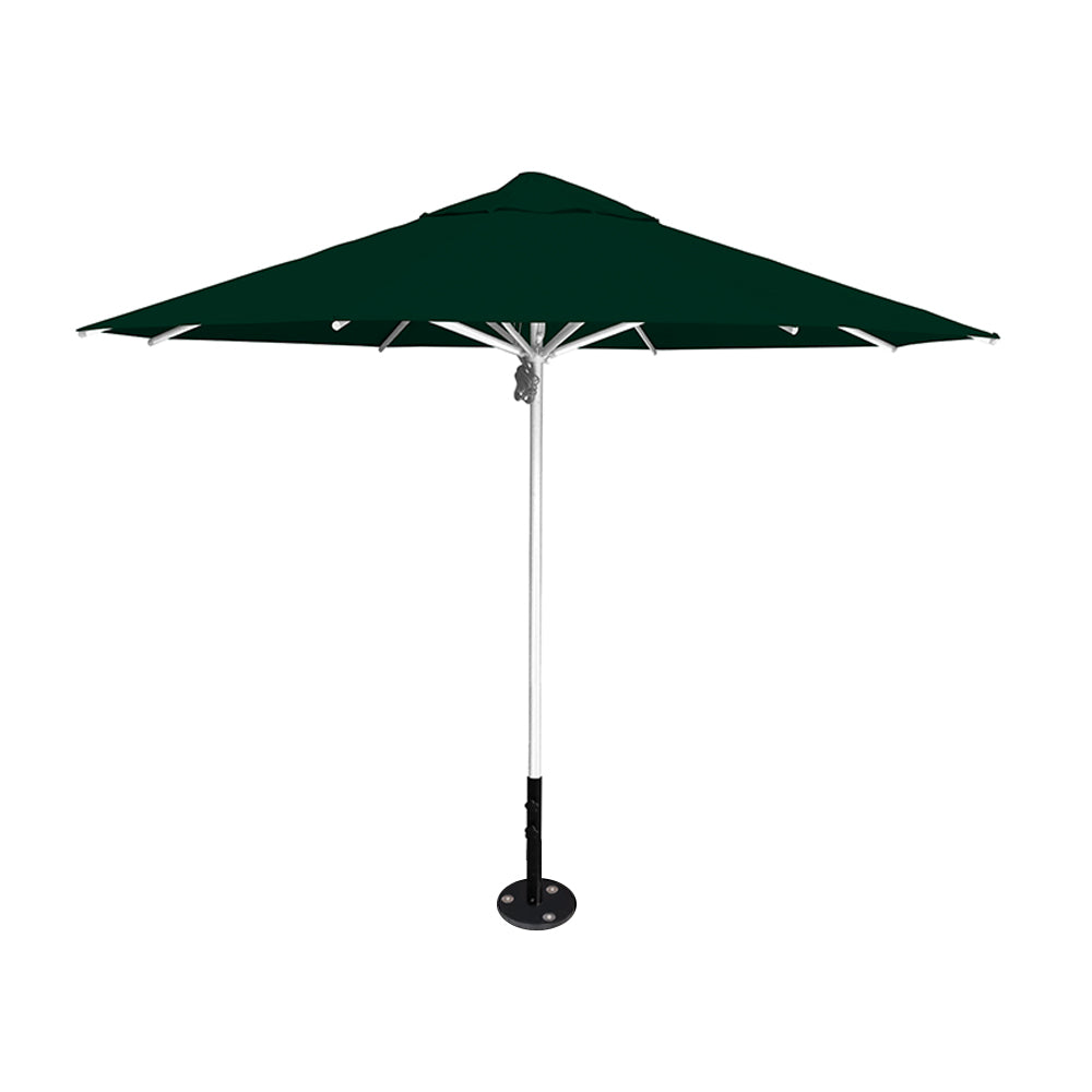 11' diameter Saville octagonal umbrella featuring a forest canopy and silver aluminum frame and inground base by Extreme Canopy