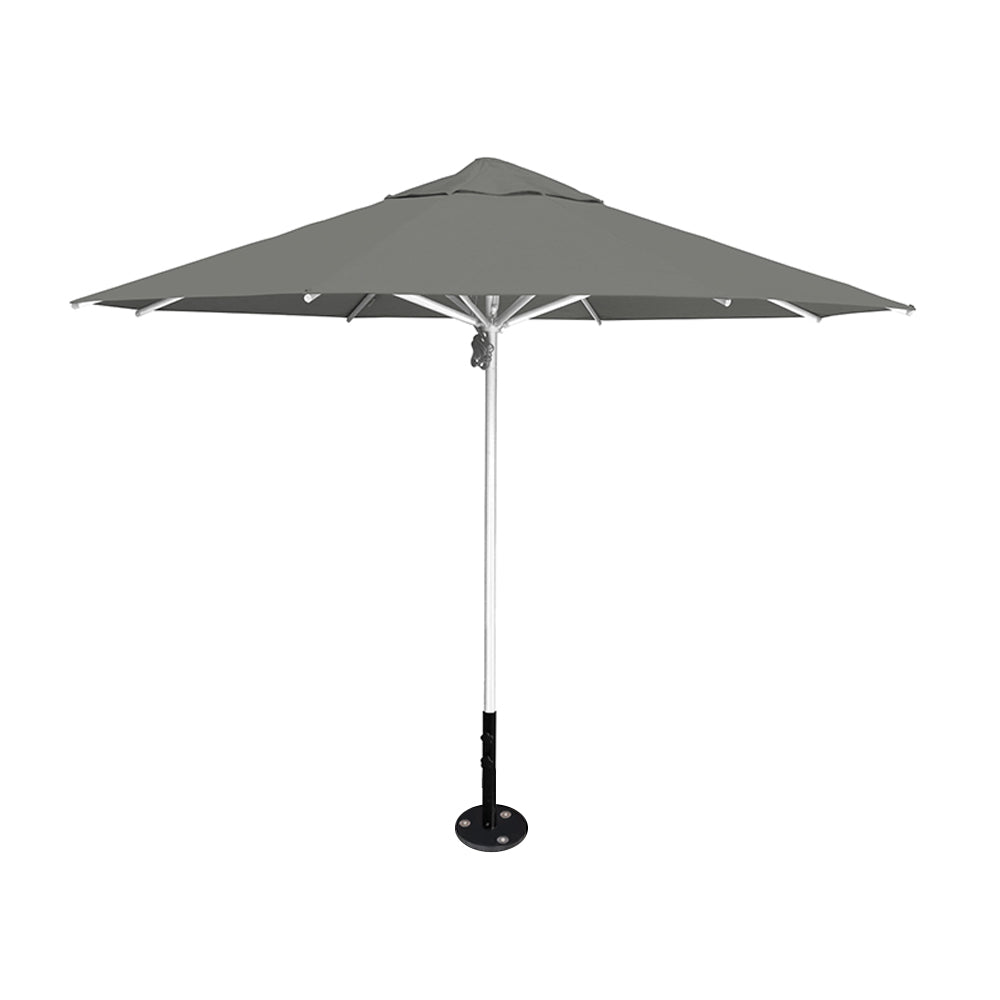11' diameter Saville octagonal umbrella featuring a gray canopy and silver aluminum frame and inground base by Extreme Canopy