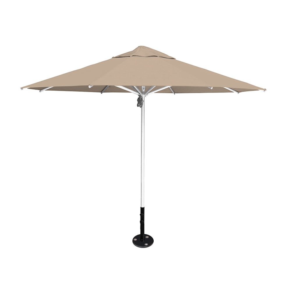 11' diameter Saville octagonal umbrella featuring a linen canopy and silver aluminum frame and inground base by Extreme Canopy