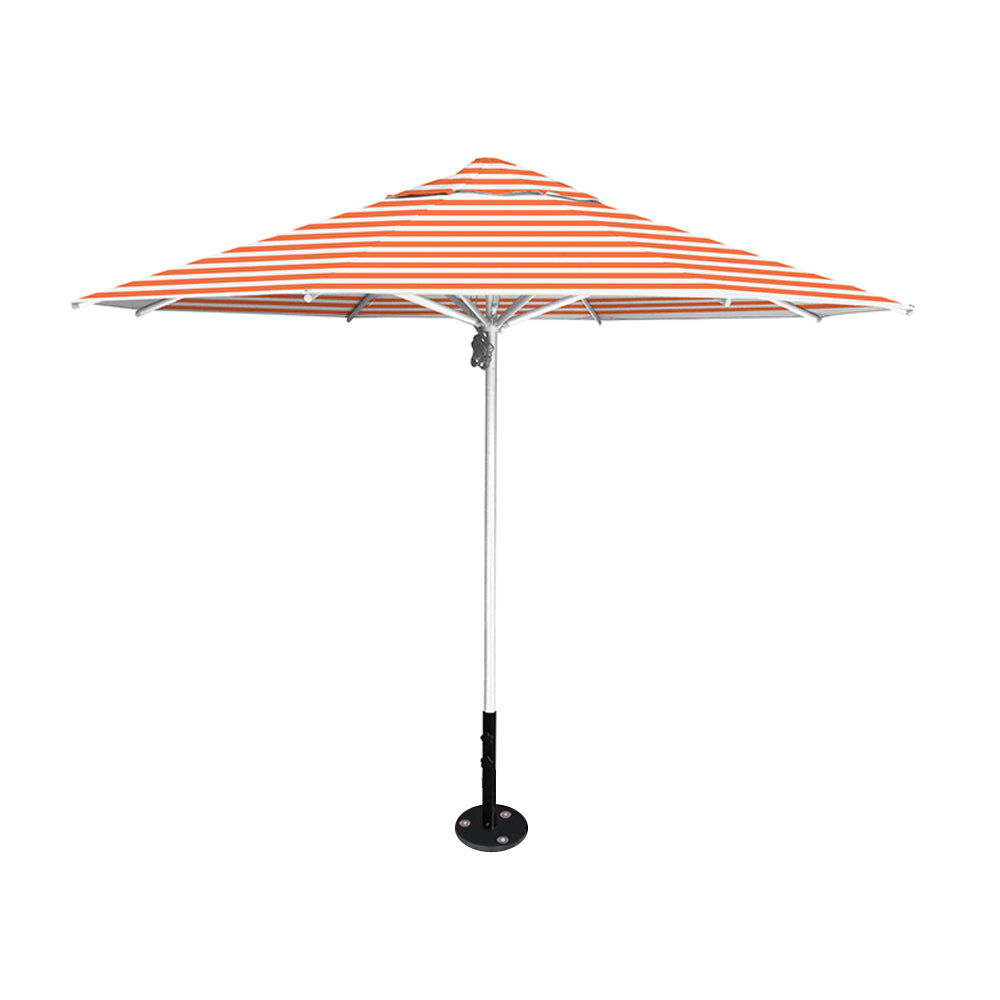 11' diameter Saville octagonal umbrella featuring a orange stripe canopy and silver aluminum frame and inground base by Extreme Canopy