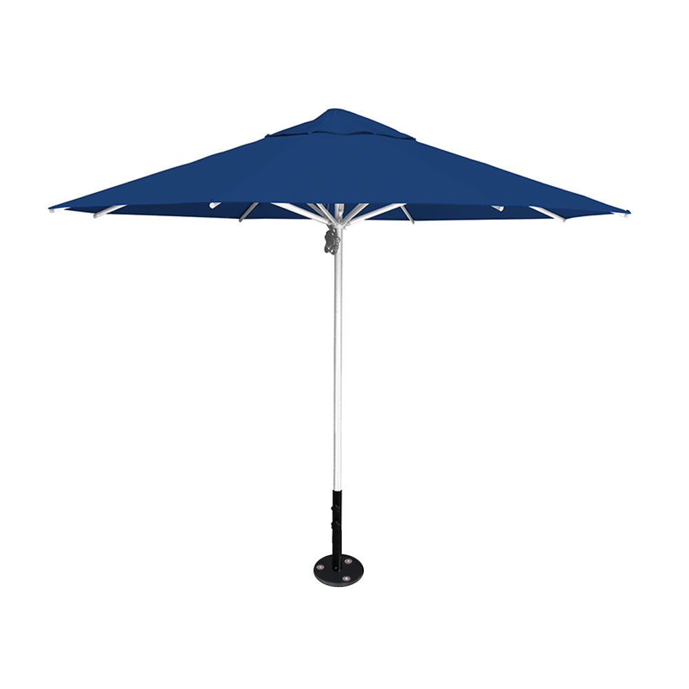11' diameter Saville octagonal umbrella featuring a pacific blue canopy and silver aluminum frame and inground base by Extreme Canopy
