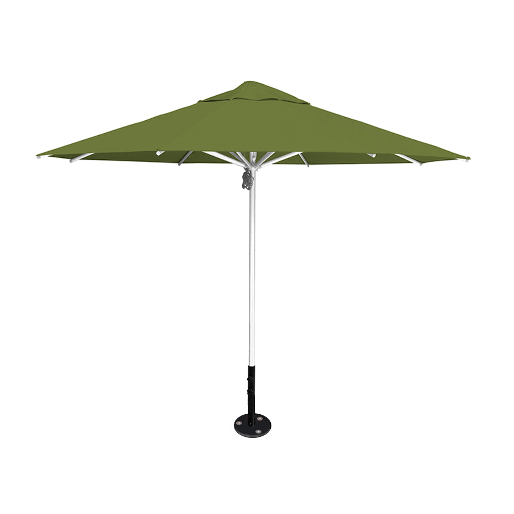 11' diameter Saville octagonal umbrella featuring a pistachio canopy and silver aluminum frame and inground base by Extreme Canopy
