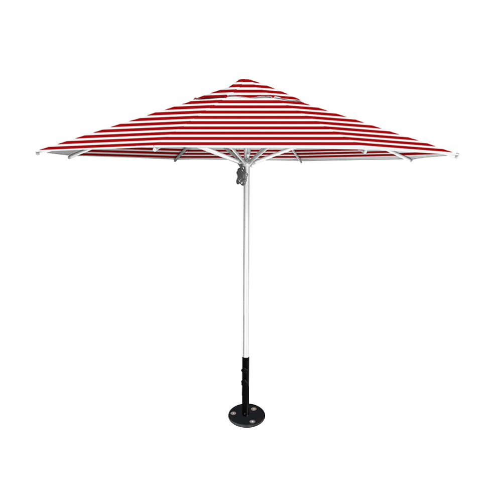 11' diameter Saville octagonal umbrella featuring a red stripe canopy and silver aluminum frame and inground base by Extreme Canopy