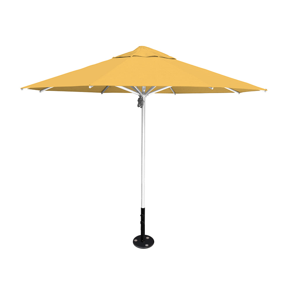 11' diameter Saville octagonal umbrella featuring a sunflower canopy and silver aluminum frame and inground base by Extreme Canopy