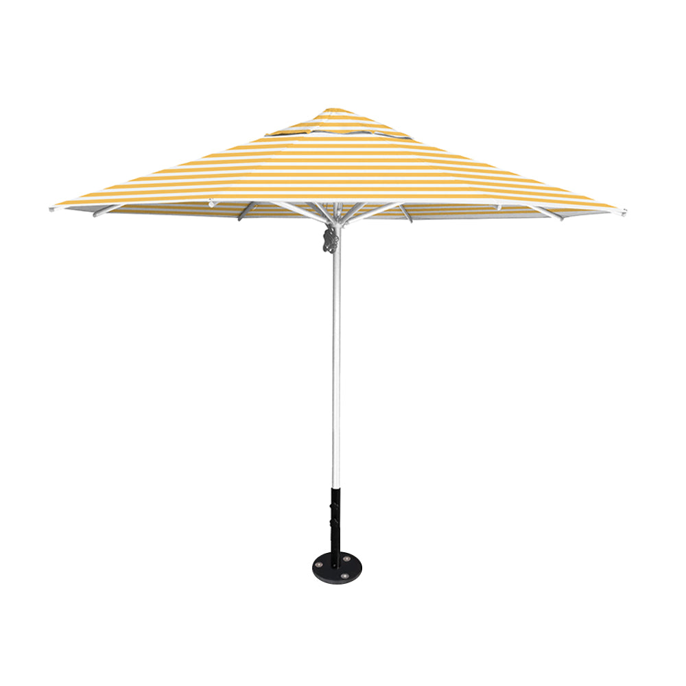 11' diameter Saville octagonal umbrella featuring a sunflower stripe canopy and silver aluminum frame and inground base by Extreme Canopy