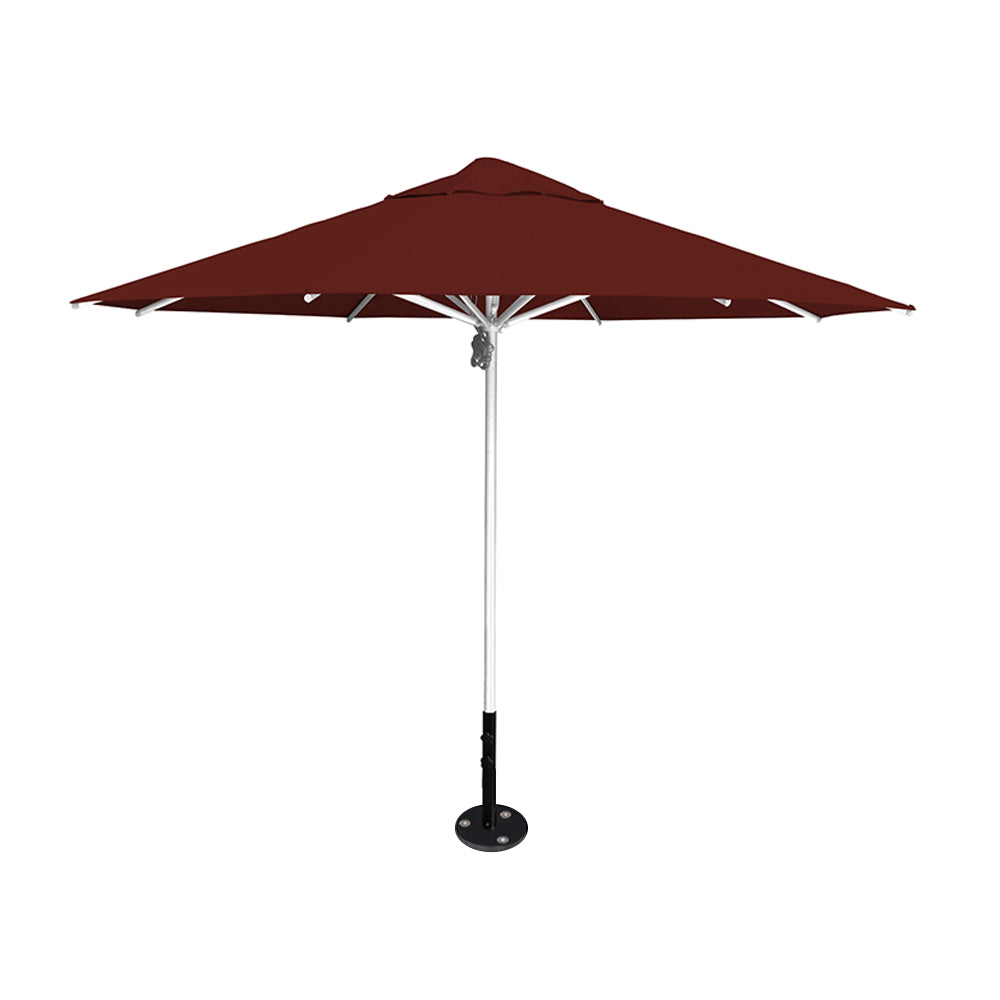 11' diameter Saville octagonal umbrella featuring a terracotta canopy and silver aluminum frame and inground base by Extreme Canopy