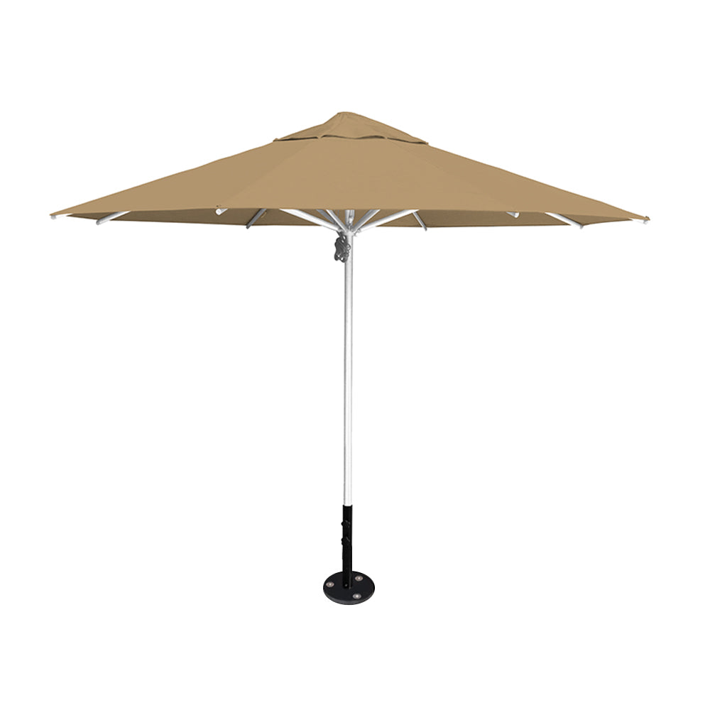 11' diameter Saville octagonal umbrella featuring a toast canopy and silver aluminum frame and inground base by Extreme Canopy