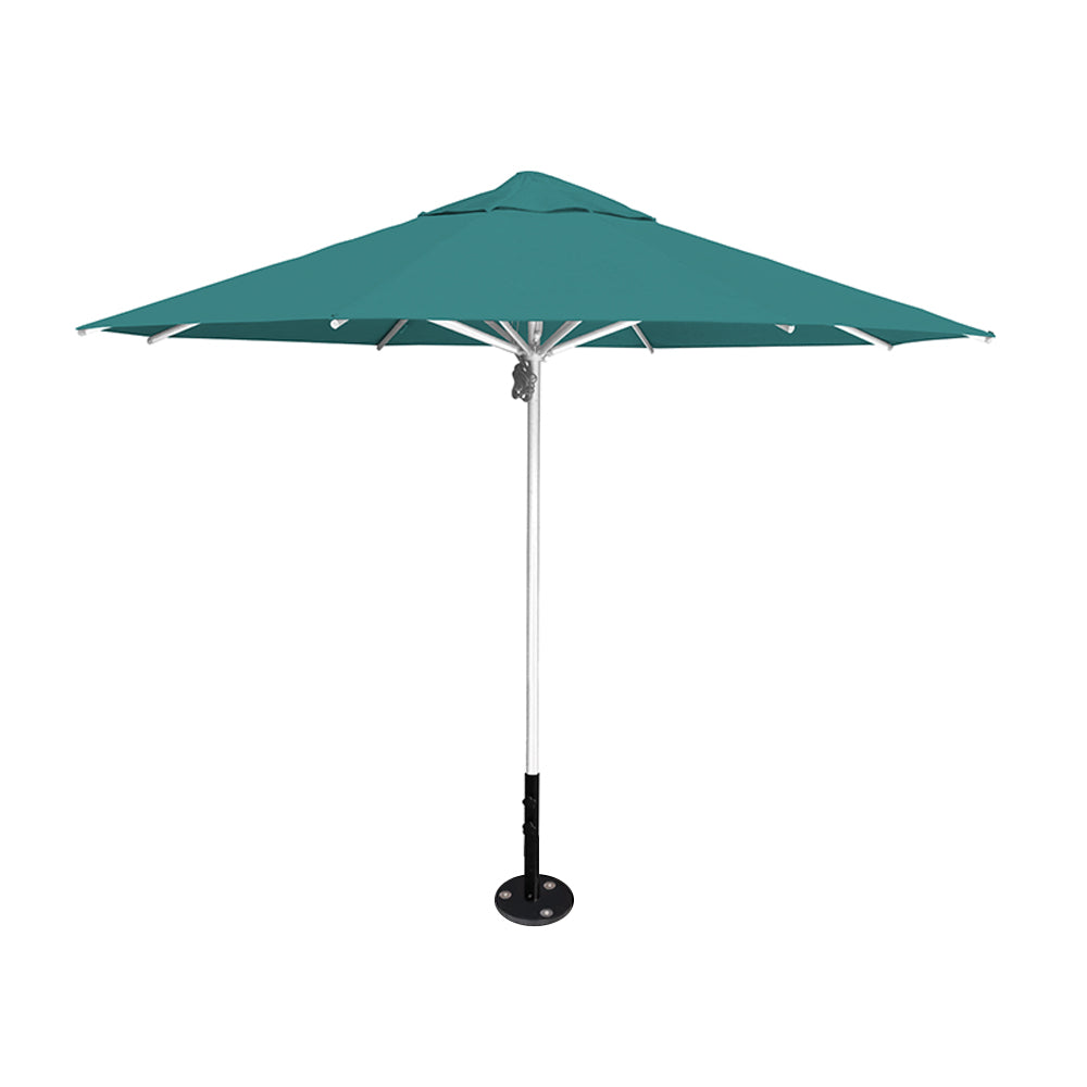 11' diameter Saville octagonal umbrella featuring a turquiose canopy and silver aluminum frame and inground base by Extreme Canopy
