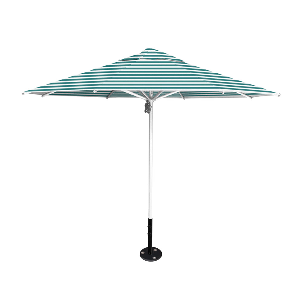 11' diameter Saville octagonal umbrella featuring a turquiose stripe canopy and silver aluminum frame and inground base by Extreme Canopy