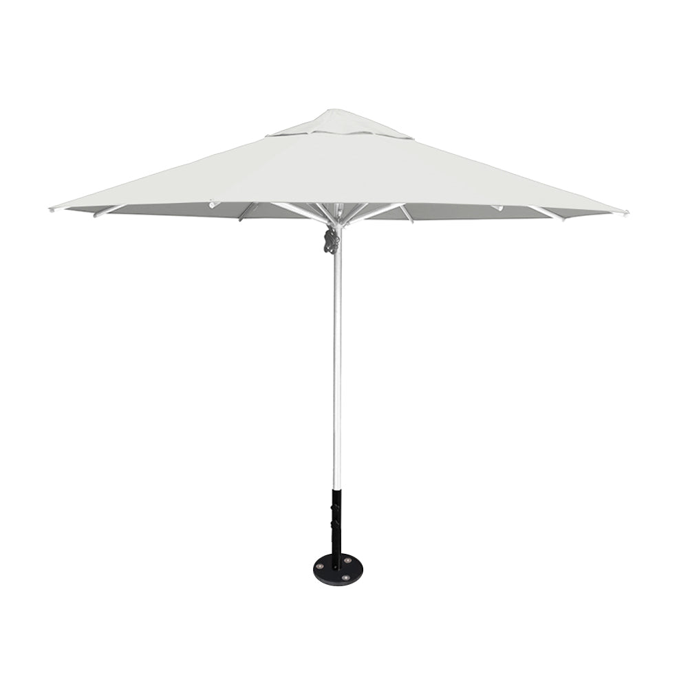 11' diameter Saville octagonal umbrella featuring a white canopy and silver aluminum frame and inground base by Extreme Canopy