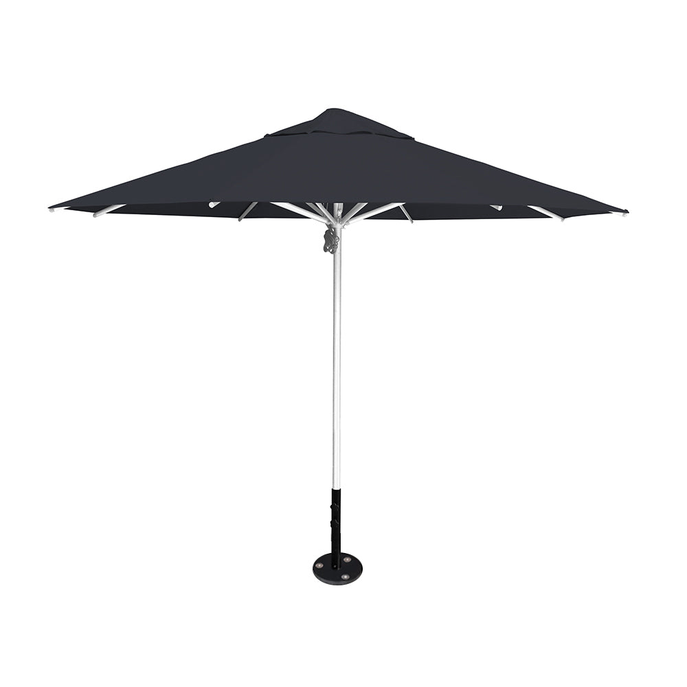 11' diameter Saville octagonal umbrella featuring a charcoal canopy and silver aluminum frame and inground base by Extreme Canopy