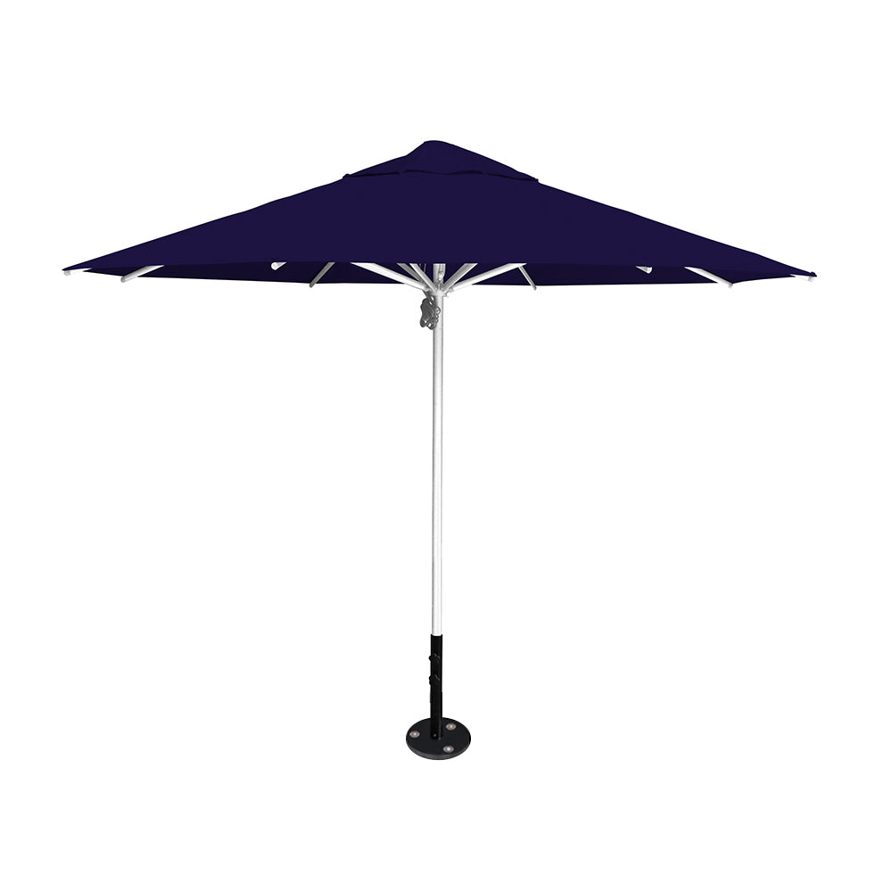 11' diameter Saville octagonal umbrella featuring a navy canopy and silver aluminum frame and inground base by Extreme Canopy