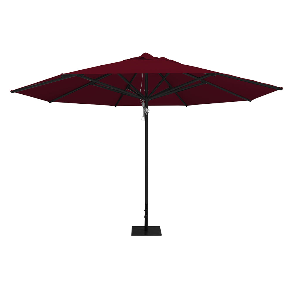 13' Saville octagonal patio umbrella in burgundy by Extreme Canopy with black frame, and 26lb steel base.