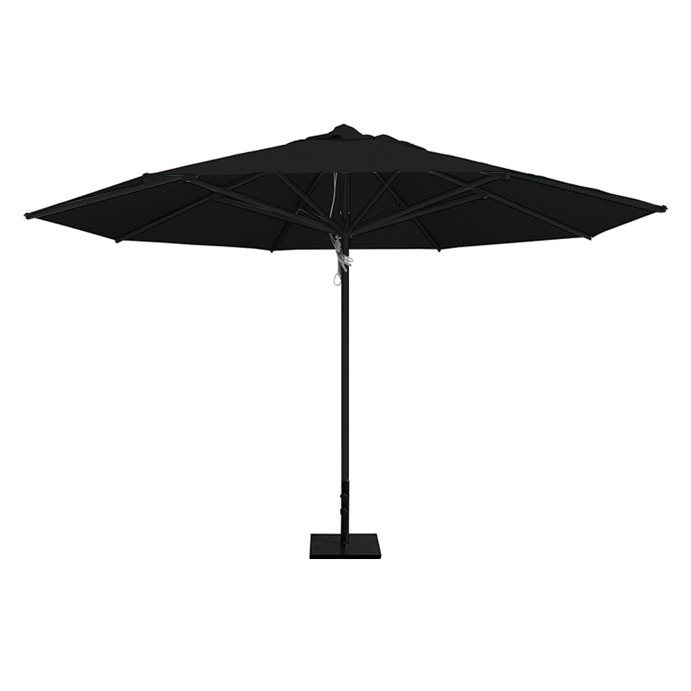 Black 13' saville octagonal outdoor umbrella featuring a black frame and 50lb steel base by Extreme Canopy
