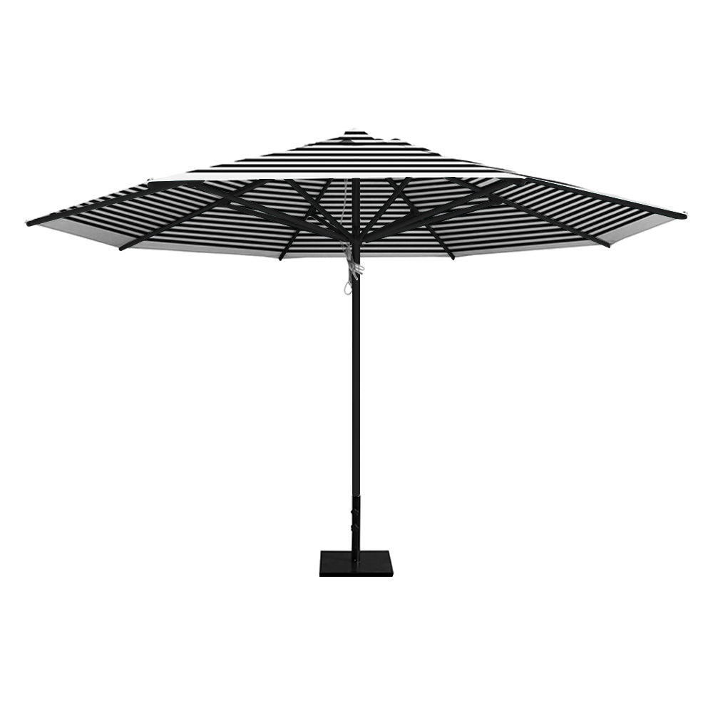Black stripe 13' saville octagonal outdoor umbrella featuring a black frame and 50lb steel base by Extreme Canopy