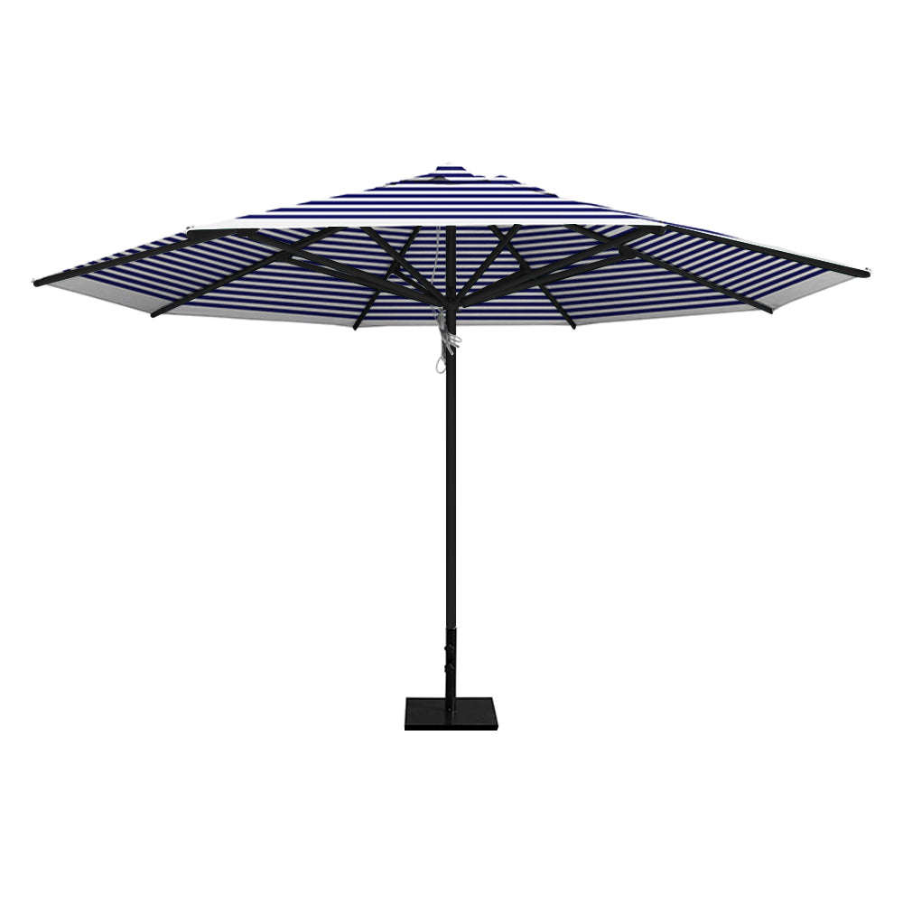 Blue Stripe 13' saville octagonal outdoor umbrella featuring a black frame and 50lb steel base by Extreme Canopy
