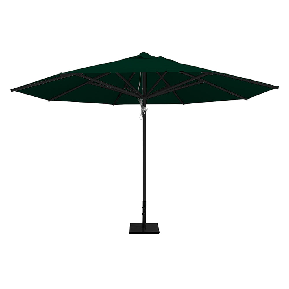 Forest 13' saville octagonal outdoor umbrella featuring a black frame and 50lb steel base by Extreme Canopy