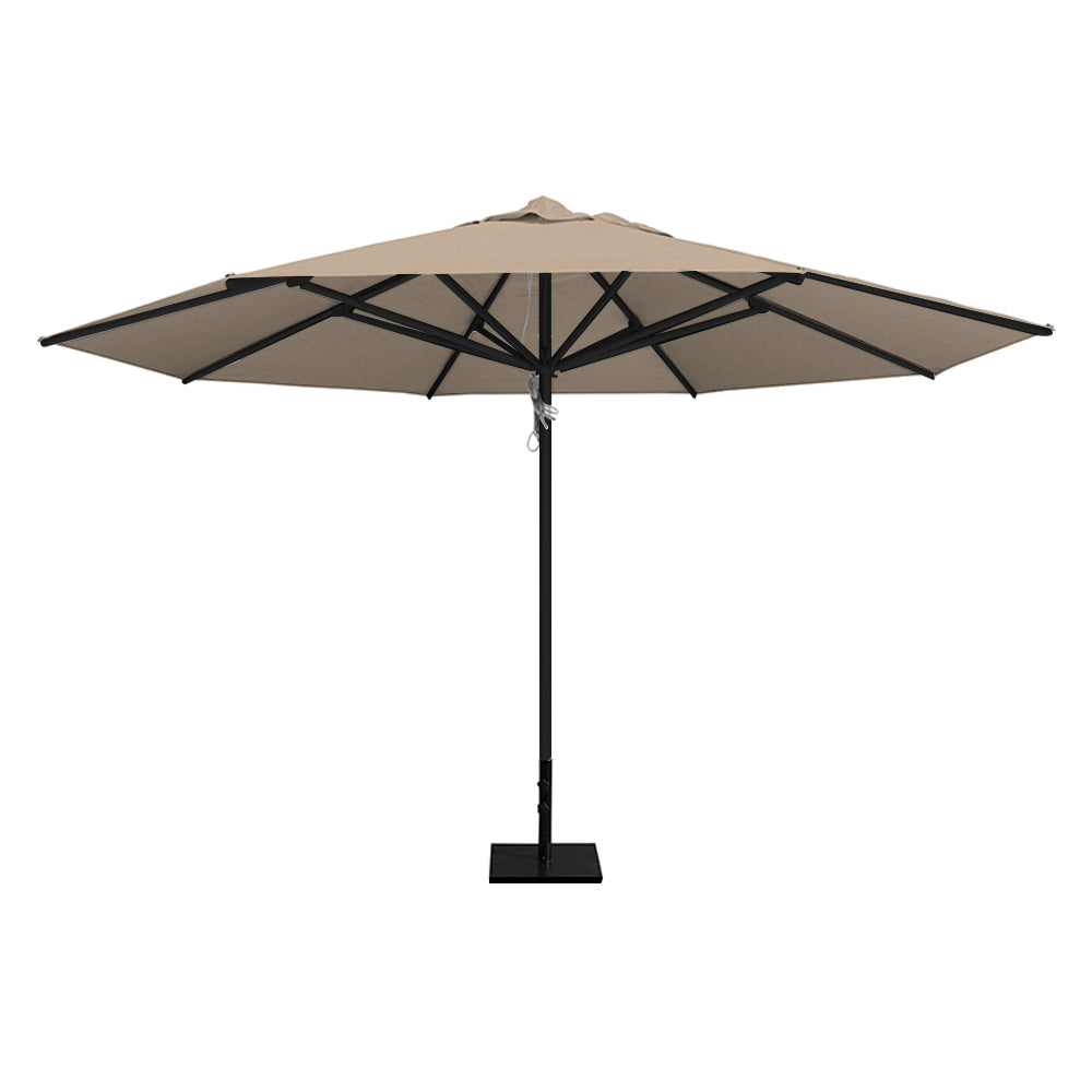 Linen 13' saville octagonal outdoor umbrella featuring a black frame and 50lb steel base by Extreme Canopy