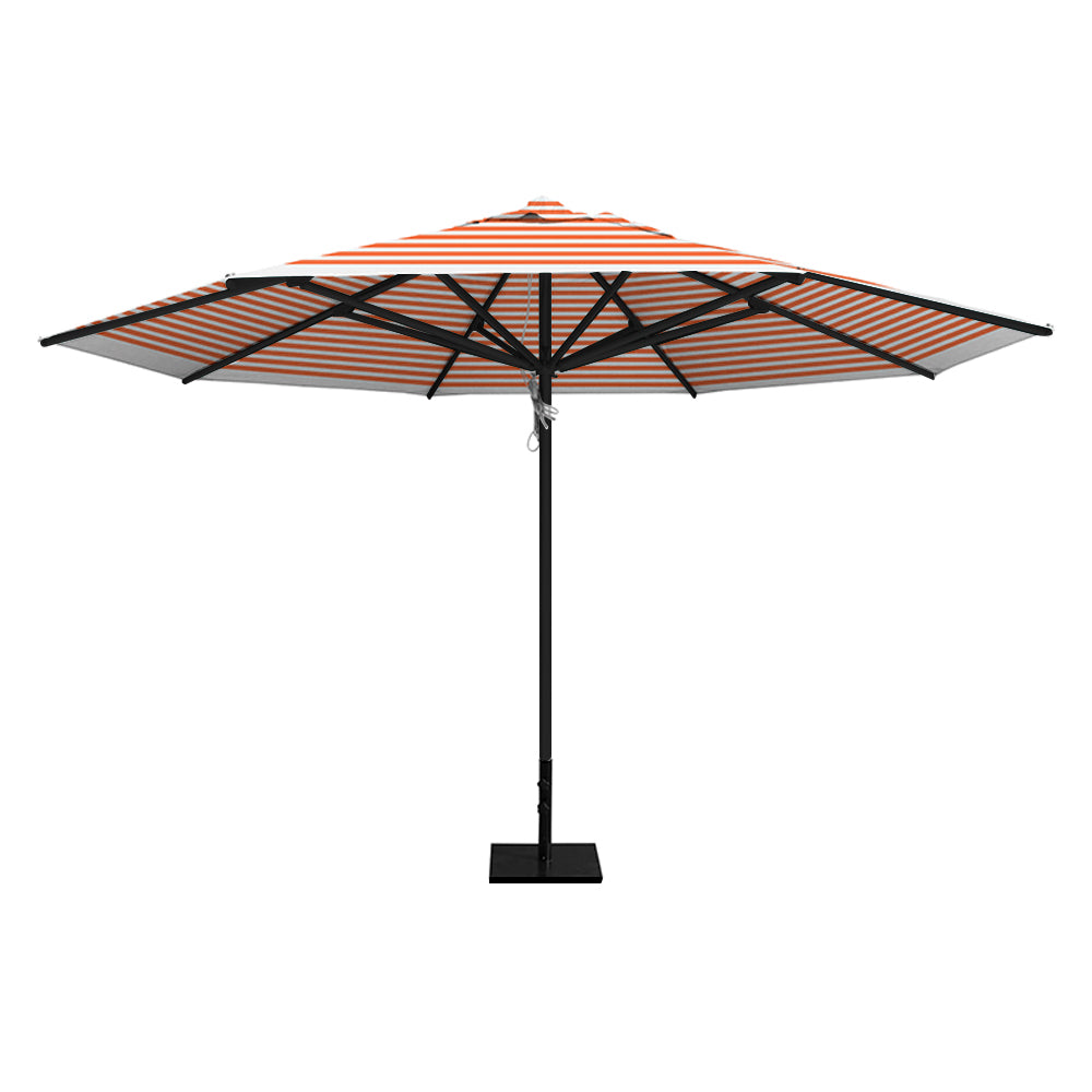 Orange stripe 13' saville octagonal outdoor umbrella featuring a black frame and 50lb steel base by Extreme Canopy