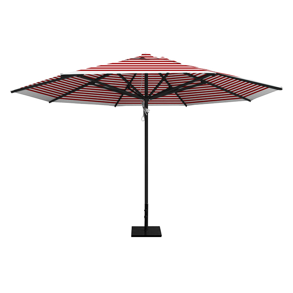 Red stripe 13' saville octagonal outdoor umbrella featuring a black frame and 50lb steel base by Extreme Canopy