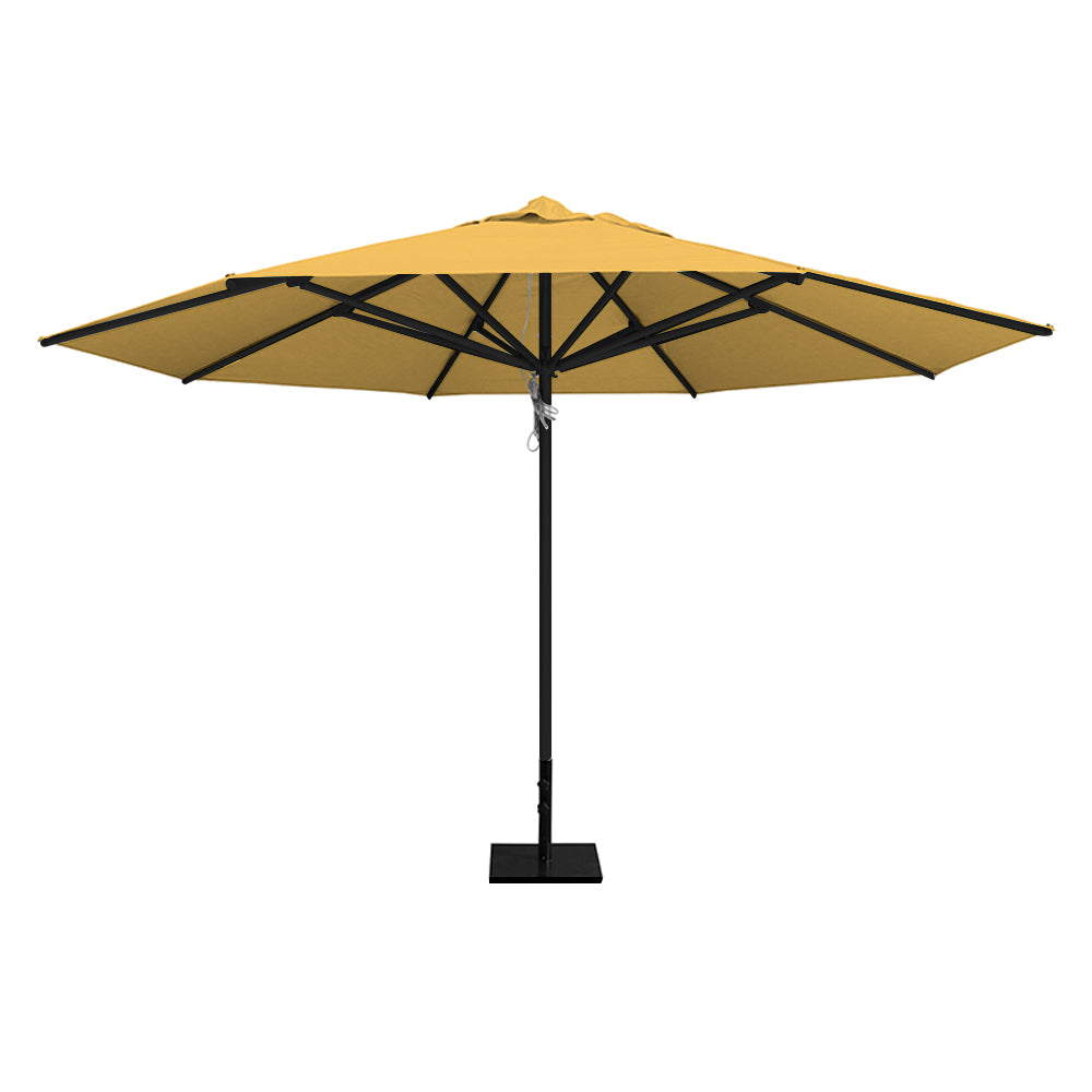 Sunflower 13' saville octagonal outdoor umbrella featuring a black frame and 50lb steel base by Extreme Canopy