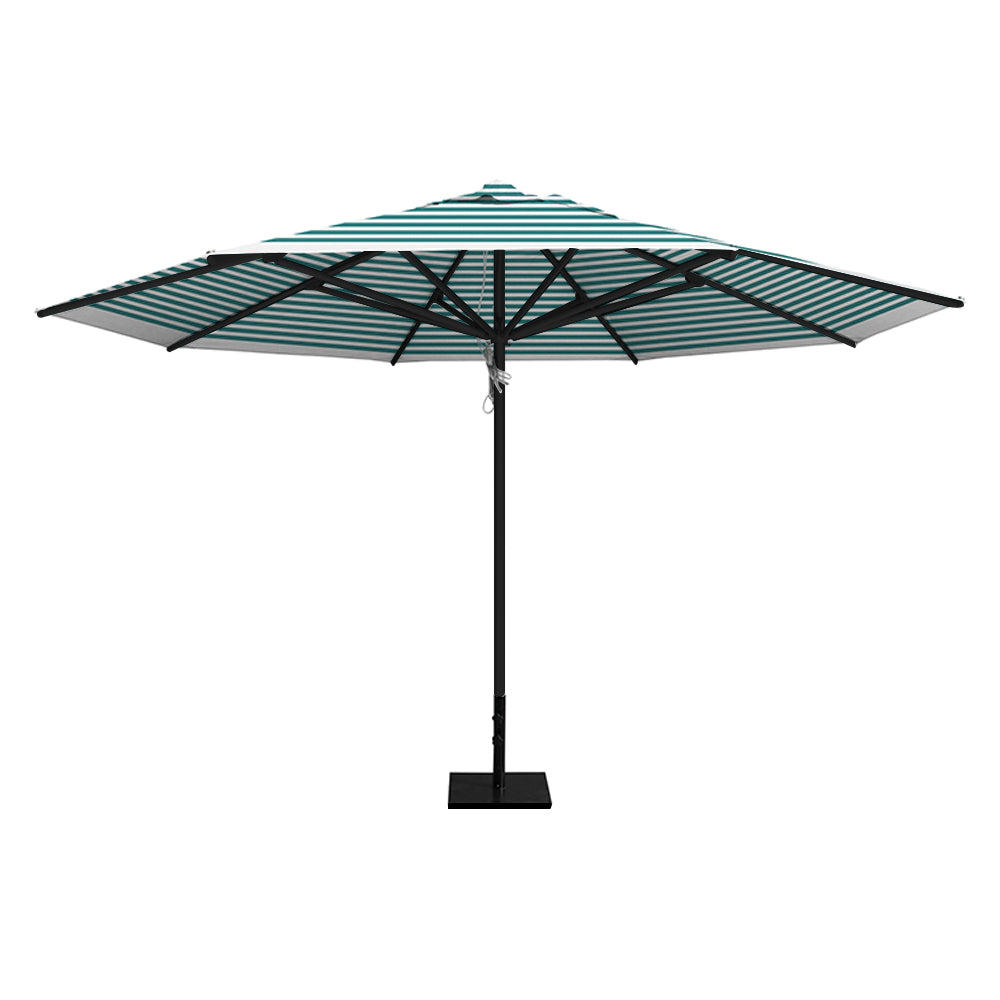 Turquiose stripe 13' saville octagonal outdoor umbrella featuring a black frame and 50lb steel base by Extreme Canopy