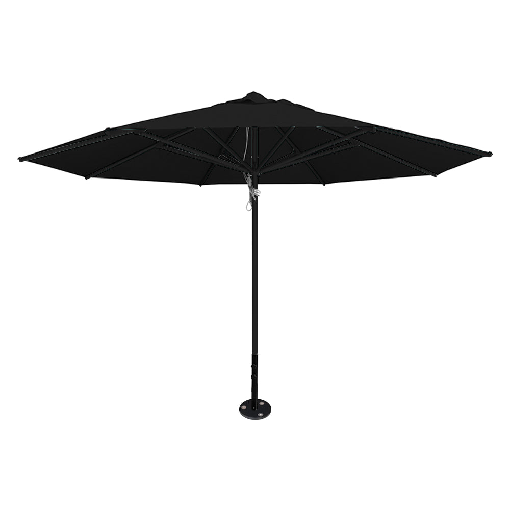 Black 13' saville octagonal outdoor umbrella featuring a black frame and inground base by Extreme Canopy