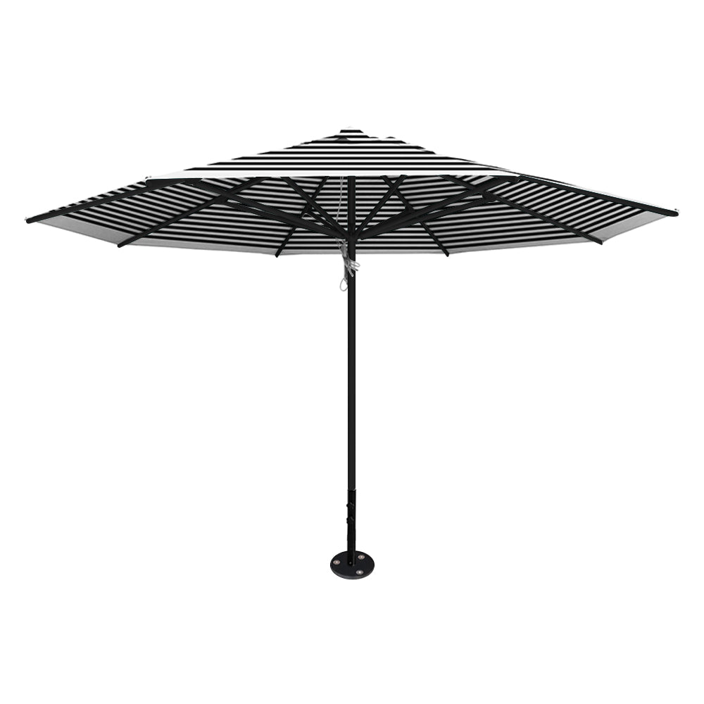 Black stripe 13' saville octagonal outdoor umbrella featuring a black frame and inground base by Extreme Canopy